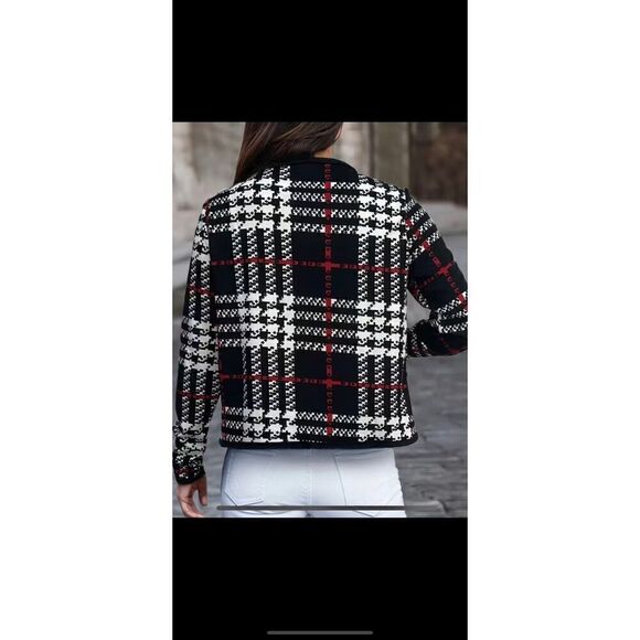 Plaid pattern contrast, trim, open front cardigan jacket - Picture 3 of 9